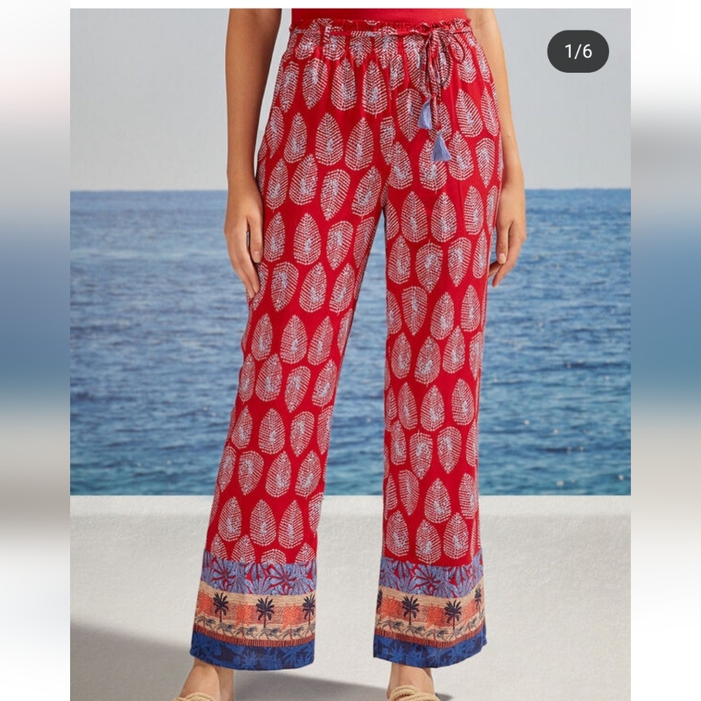 Women'secret Womens Pull On Summer Pants Red W/ Leaves,Palm Trees, Tigers Size M